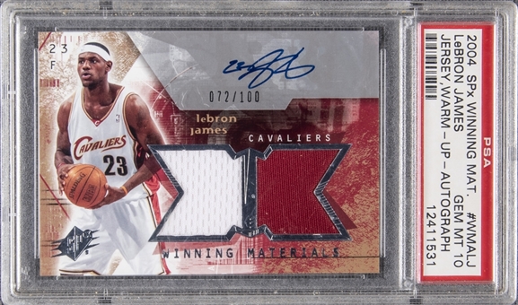 2004-05 UD SPx "Winning Materials" Jersey Warm-Up Auto. #WMALJ LeBron James Signed Game Used Patch Card (#072/100) – PSA GEM MT 10 "1 of 2!"